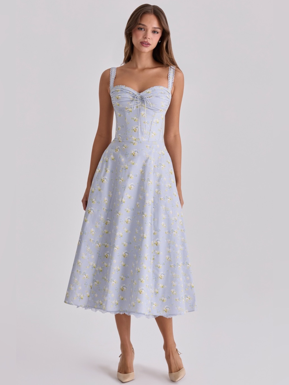 House of CB Rosalee Blue Wildflower Floral Print Corset Midi Dress NWT